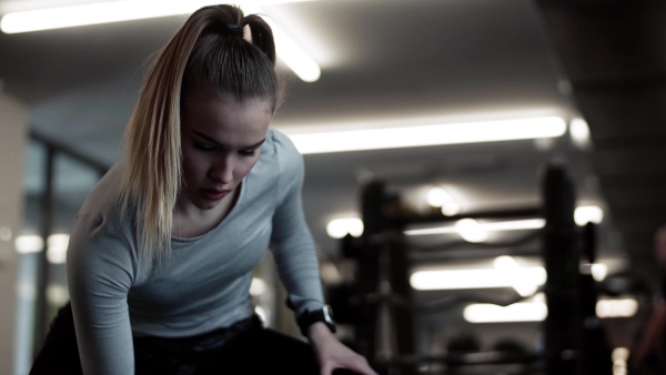 A young girl or woman with dumbbells, doing workout in a gym.