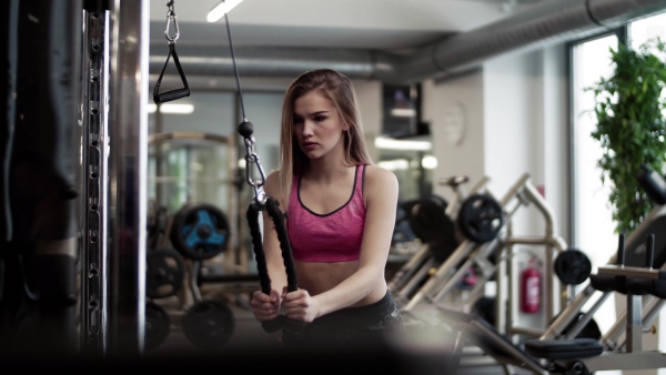 A beautiful young girl or woman doing strength workout in a gym.