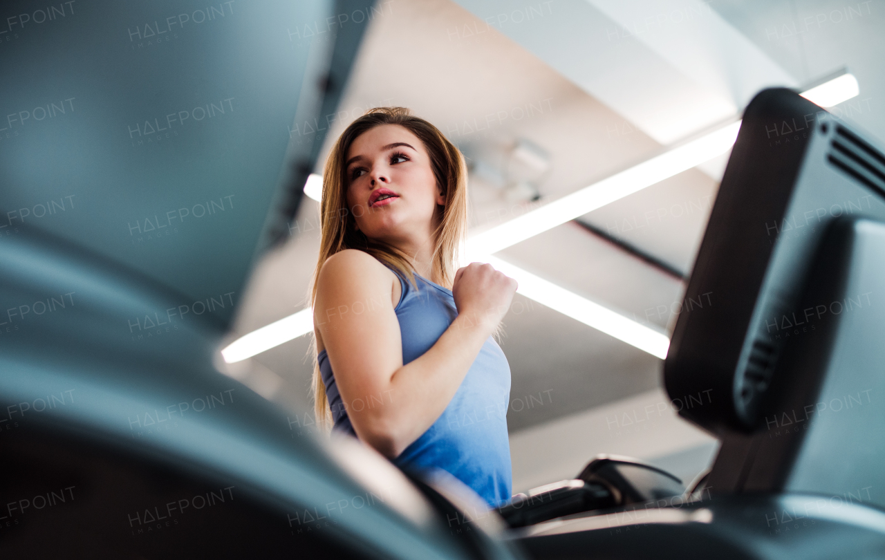 A portrait of a beautiful young girl or woman doing cardio workout in a gym.