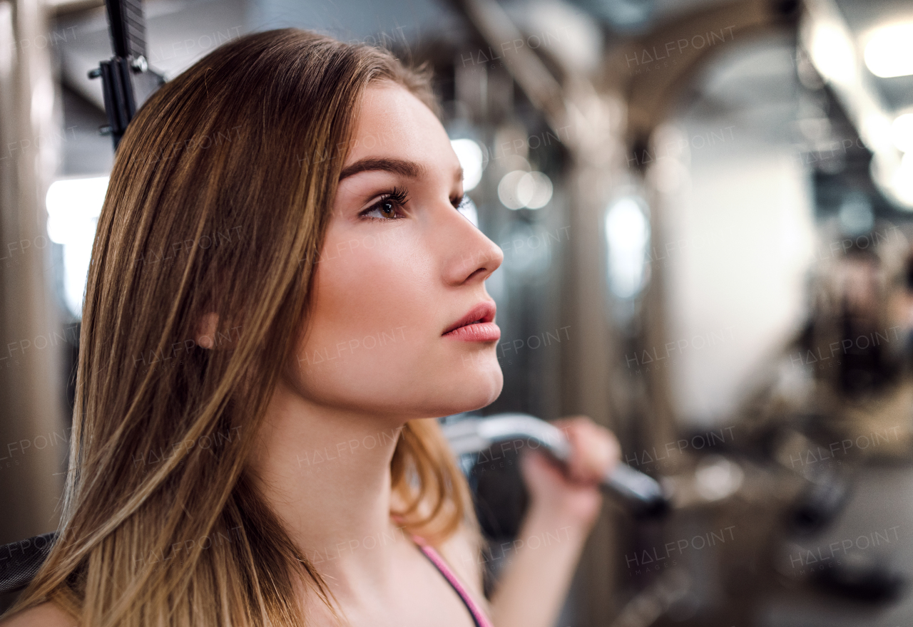 A close-up of a beautiful young girl or woman doing strength workout in a gym.