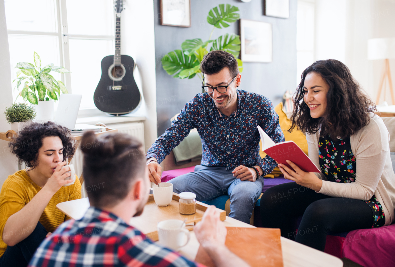 A group of young cheerful friends indoors at home, drinking coffee. A house sharing concept.