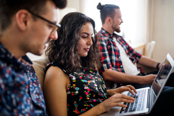 A group of young cheerful friends with laptop sitting at table indoors, house sharing concept.