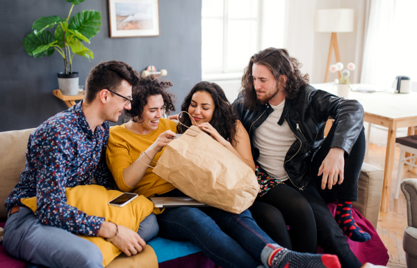 A group of young cheerful friends indoors at home, house sharing concept.