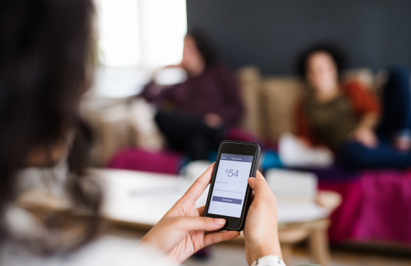 A midsection of young woman making online payment, house sharing concept.