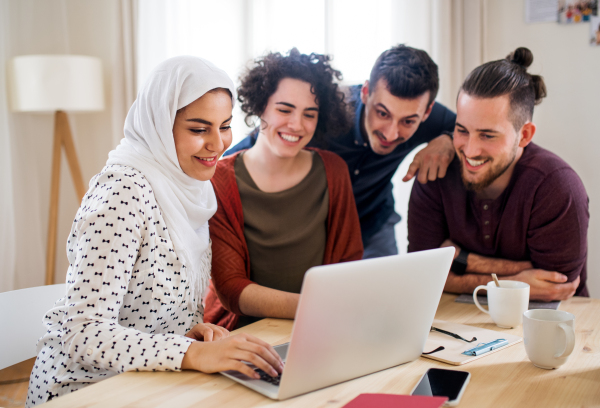 A multi-ethnic group of young cheerful friends with laptop sitting at table indoors, house sharing concept.