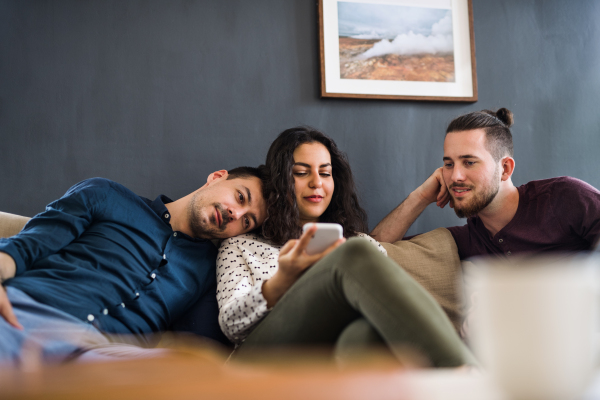 A group of young cheerful friends with smartphone sitting on sofa indoors, house sharing concept.