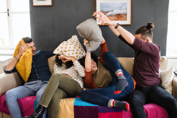 A group of young cheerful friends indoors at home, having fun. House sharing concept.