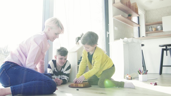 A young woman with two children playing board games on the floor.