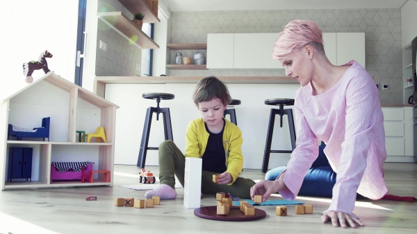 A young mother and small daughter playing on the floor at home.