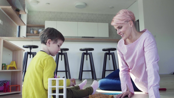 A young mother and small daughter playing on the floor at home.