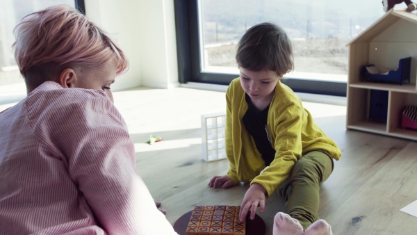 A young mother and small daughter playing on the floor at home.