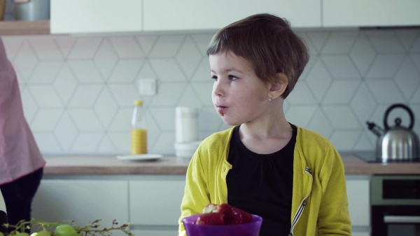 A small girl with brother and mother eating fruit in a kitchen. Slow motion.