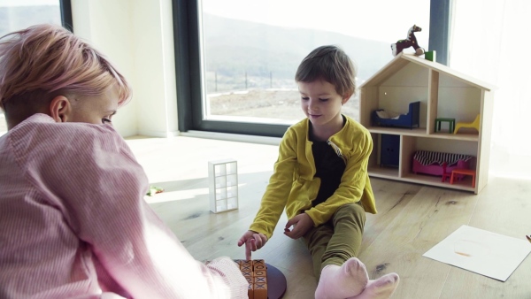 A young woman and small daughter playing on the floor at home. Slow motion.