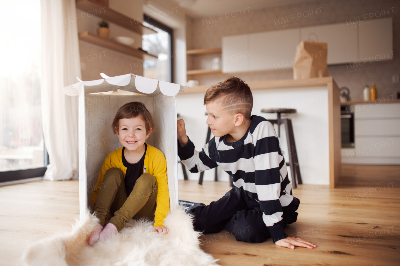 Two happy small children playing indoors at home.