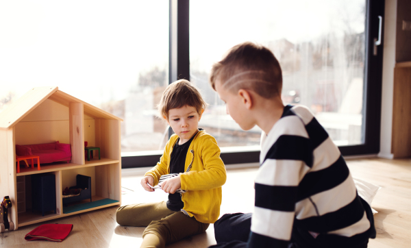 Two happy children playing with a wooden house indoors at home.