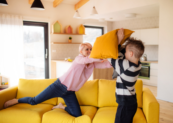 A cheerful young woman with small son having fun at home.