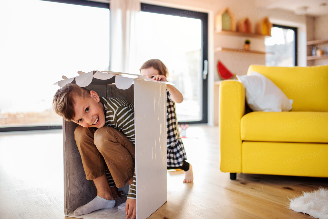 Two happy small children playing indoors at home.