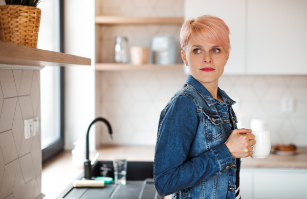 A young attractive woman with a coffee leaning on a counter in a kitchen at home.