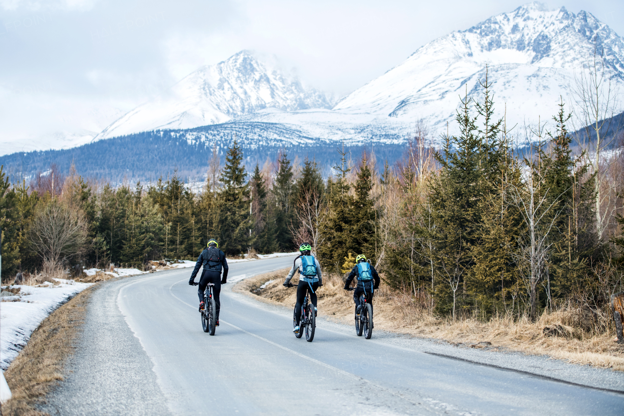 Rear view of group of mountain bikers riding on road in mountains outdoors in winter.