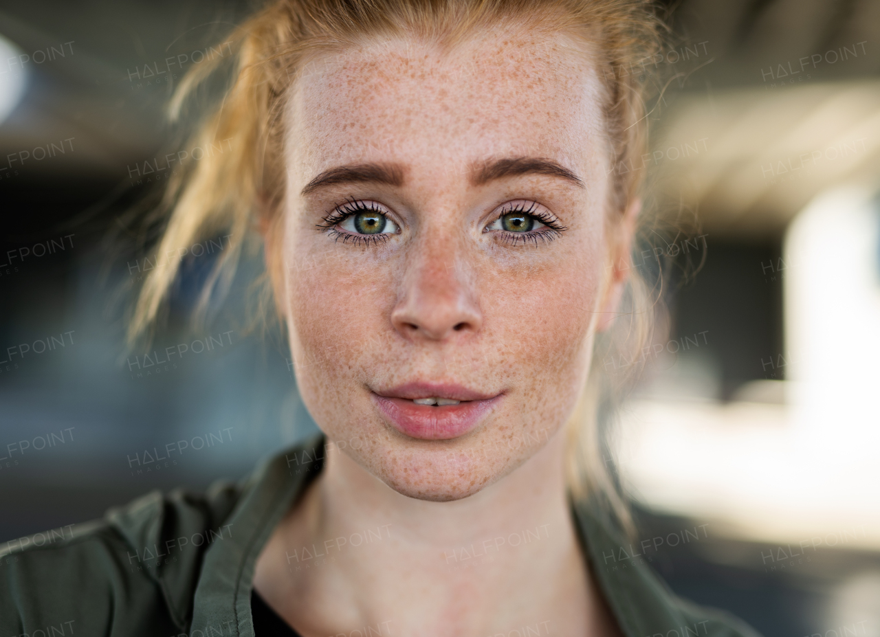 Close-up front view portrait of young woman with red hair outdoors in town, looking at camera.