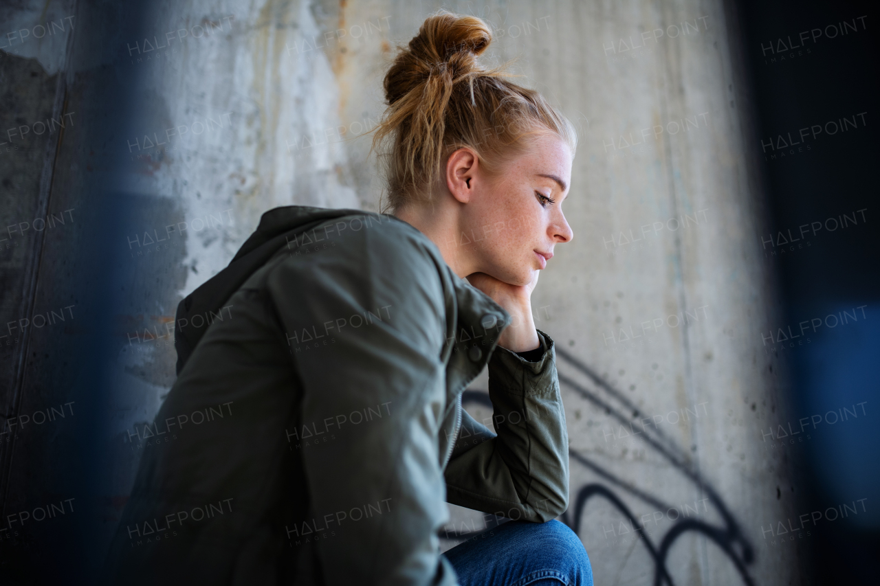 Portrait of sad young woman with red hair outdoors in town, sitting and resting on staircase.