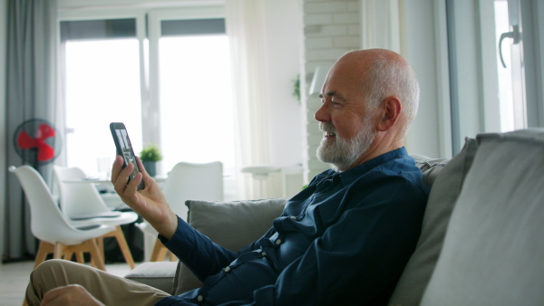 A senior man sitting on sofa and having video call at home.