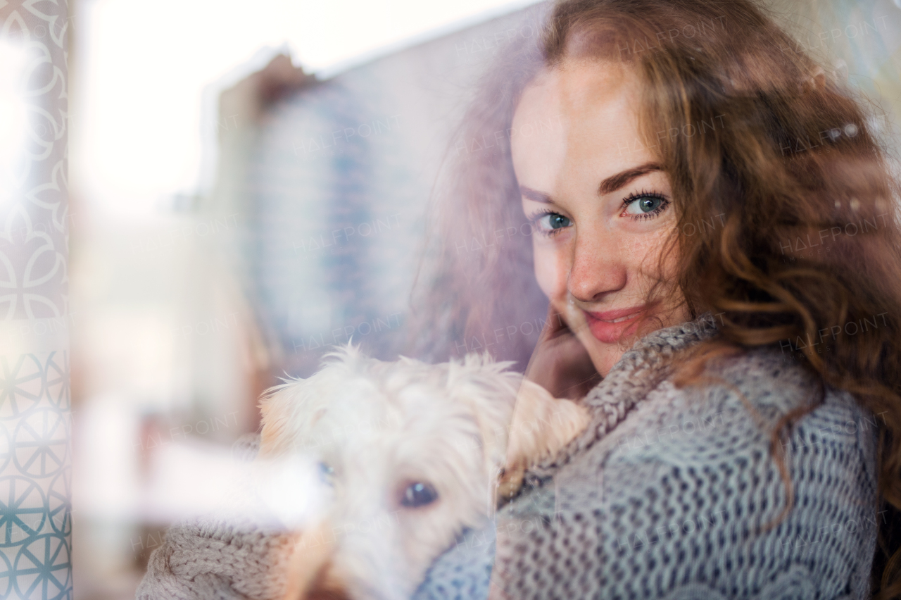 Young woman relaxing indoors at home with pet dog. Shot through glass.