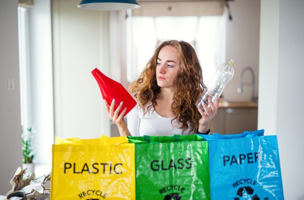 Front view of young woman indoors at home separating glass, paper, and plastic waste.