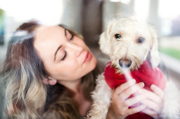 Front view of young woman relaxing indoors at home with pet dog. Shot through glass.