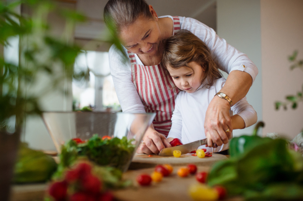 Small girl with senior grandmother in kitchen indoors at home, cutting tomatoes for salad.