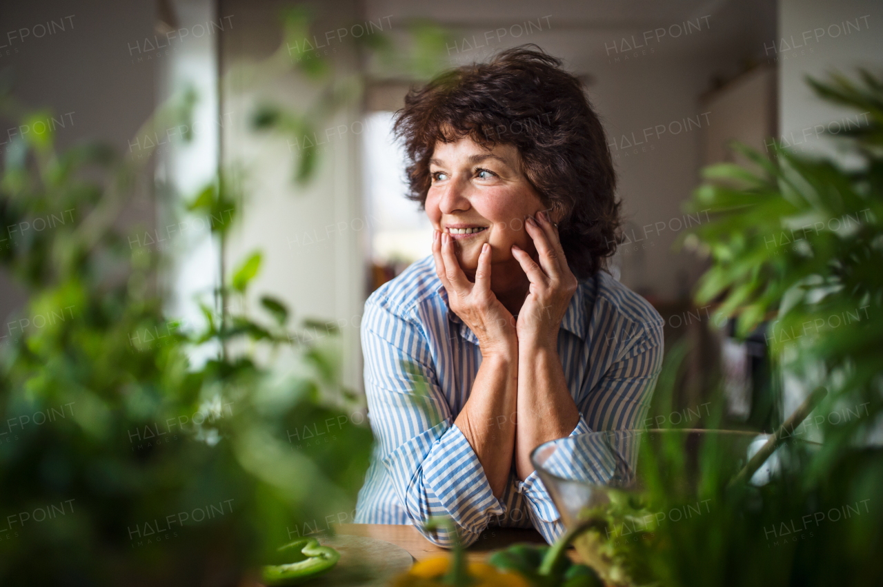 Senior woman preparing food in kitchen indoors at home, relaxing.