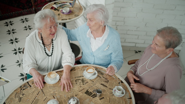 Top view of senior friends sitting indoors in a cafe drinking coffee or tea together.