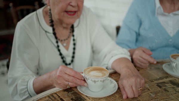 Happy senior woman drinking coffee with her friends in a cafe, laughing and having nice time together.