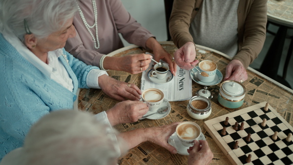 Happy senior friends sitting indoors in a cafe drinking coffee or tea, laughing and having nice time together.