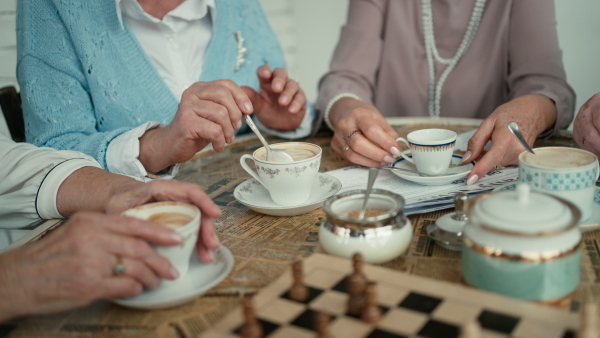 Close-up of senior friends sitting indoors in a cafe drinking coffee or tea together.