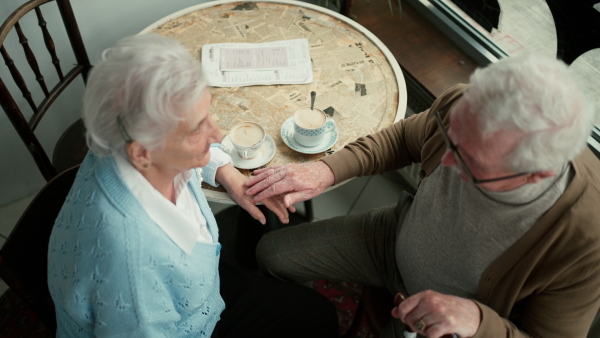 Happy senior couple sitting indoors in a cafe drinking coffee or tea, laughing and having nice time together.