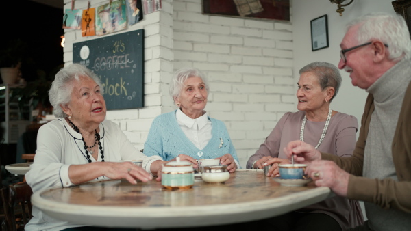 Happy senior friends sitting indoors in a cafe drinking coffee or tea, laughing and having nice time together.