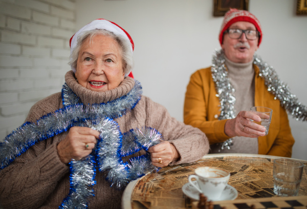 Happy senior friends sitting indoors in a community center and celebrating Christmas.