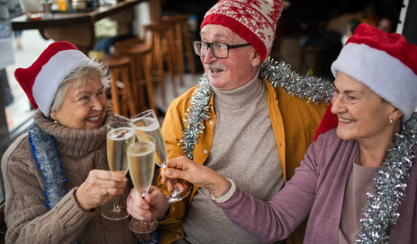 Happy senior friends indoors in a cafe clinking champagne glasses and celebrating Christmas.