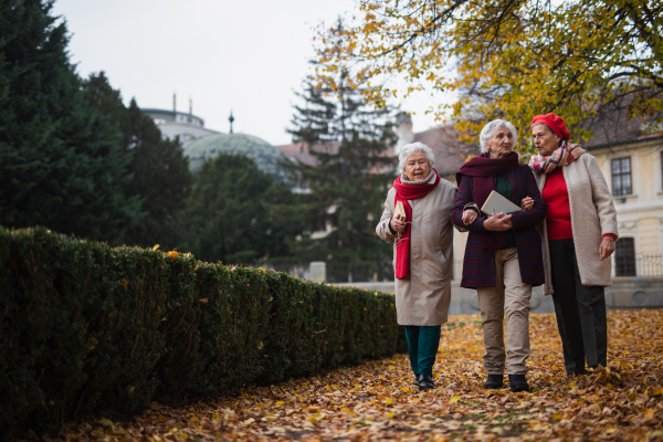 A group of happy senior women friends with books on walk outdoors in park in autumn, talking