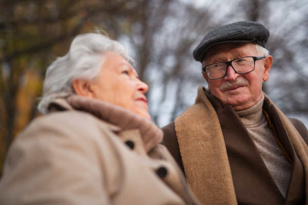 Low angle view of happy senior couple talking outdoors in park on cloudy autumn day.