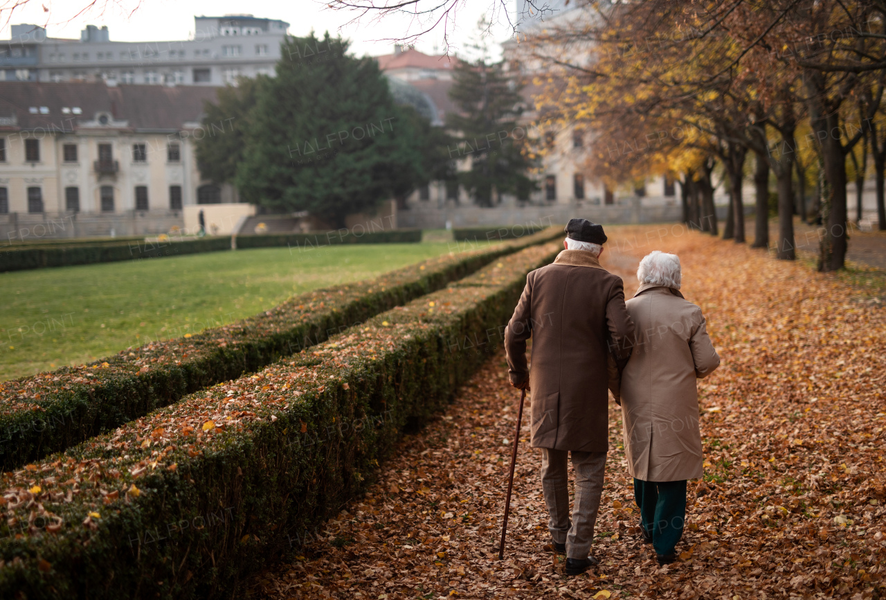 Rear view of happy senior couple on walk outdoors in town park in autumn day.