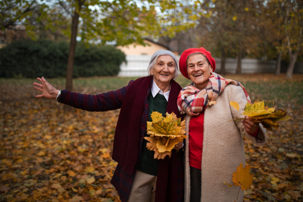 Happy senior women friends on a walk outdoors in town park in autumn, looking at camera.