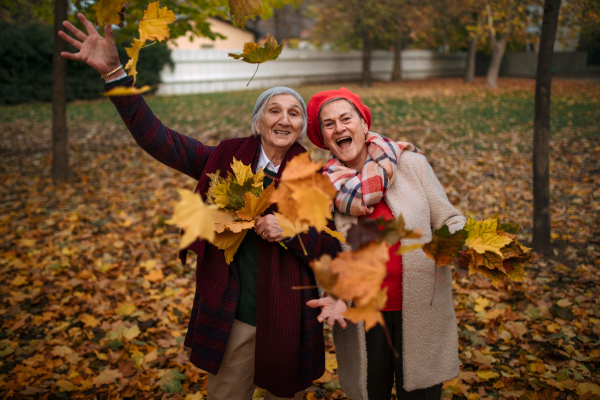 Happy senior friends on walk outdoors in park in autumn day, having fun and throwing colourful leaves.