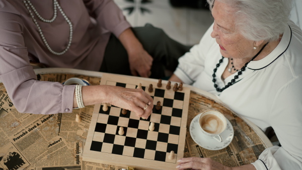 Senior friends enjoying time together and playing chess indoors in a cafe, directly above view.