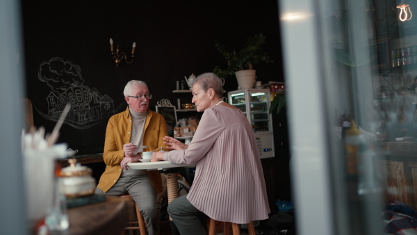 Happy senior couple sitting indoors in a cafe drinking coffee, talking and having nice time together.