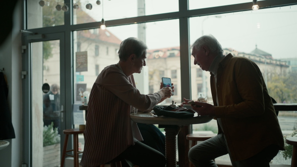 Senior woman showing photos in her mobile phone to her friend in a cafe.