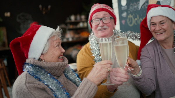 Happy senior friends sitting indoors in a cafe clinking champagne glasses and celebrating Christmas.