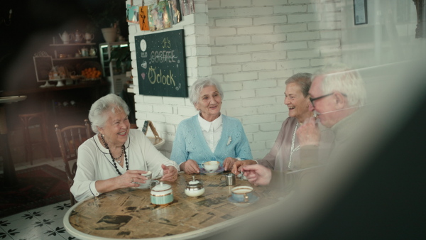 Happy senior friends sitting indoors in a cafe drinking coffee or tea, laughing and having nice time together.