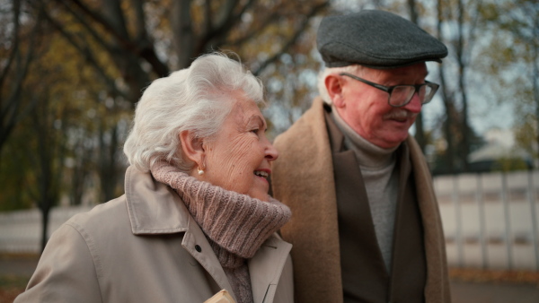 A happy senior friends on walk outdoors in town park in autumn.